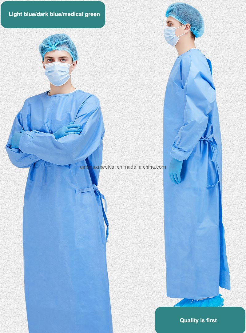 Disposable Surgery Non Woven Fabric PP SMS SMMS Knitted Cuff Surgical Gown with Reinforcement