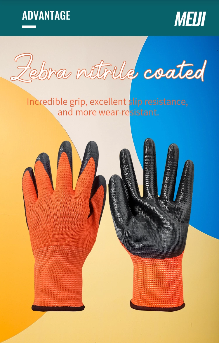 13 Gauge Seamless Zebra Polyester Liner Nitrile Coated Slip Resistant Labor Working Gloves for Building Use