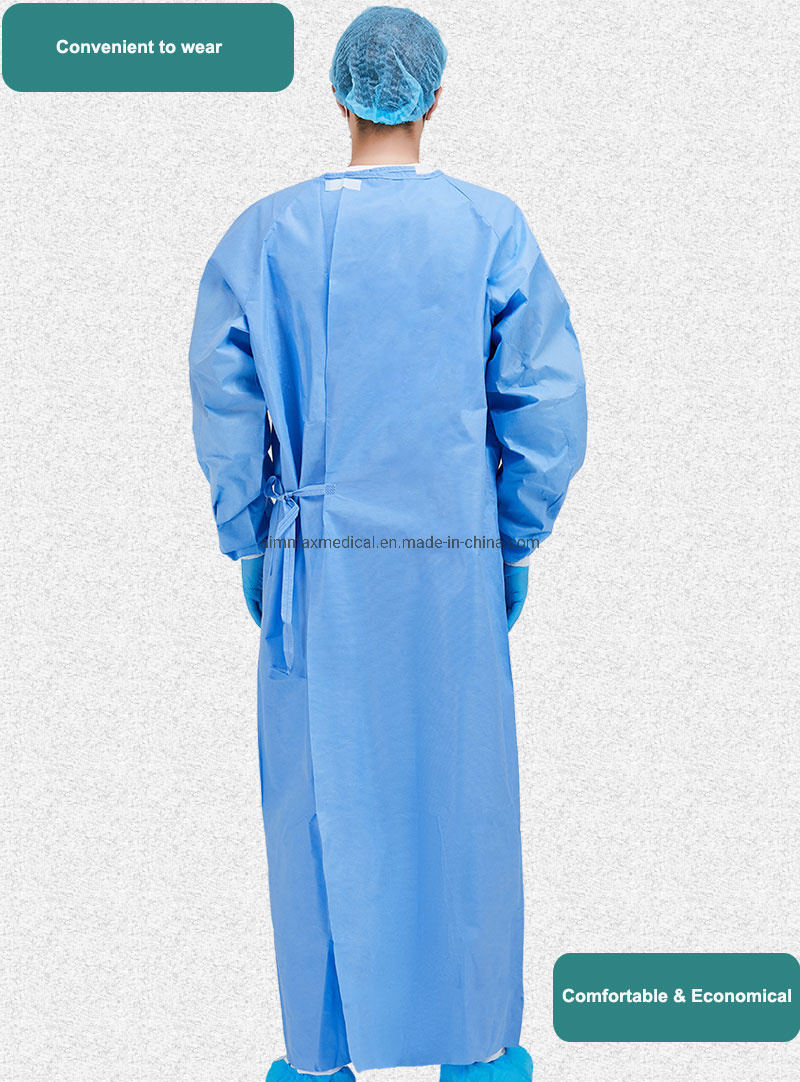 Disposable Surgery Non Woven Fabric PP SMS SMMS Knitted Cuff Surgical Gown with Reinforcement
