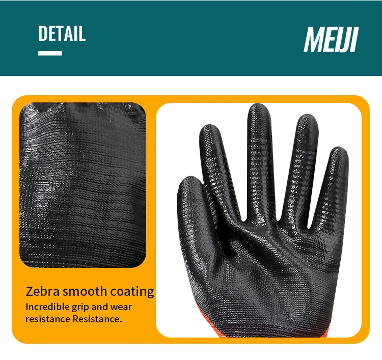 13 Gauge Seamless Zebra Polyester Liner Nitrile Coated Slip Resistant Labor Working Gloves for Building Use