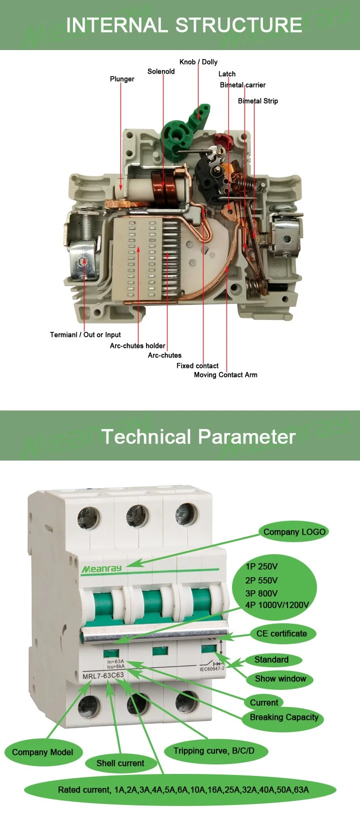 DIN Rail PV System 2p 63A 550V MCB Solar Energy Air Breaker DC Cocurrent Circuit Breaker