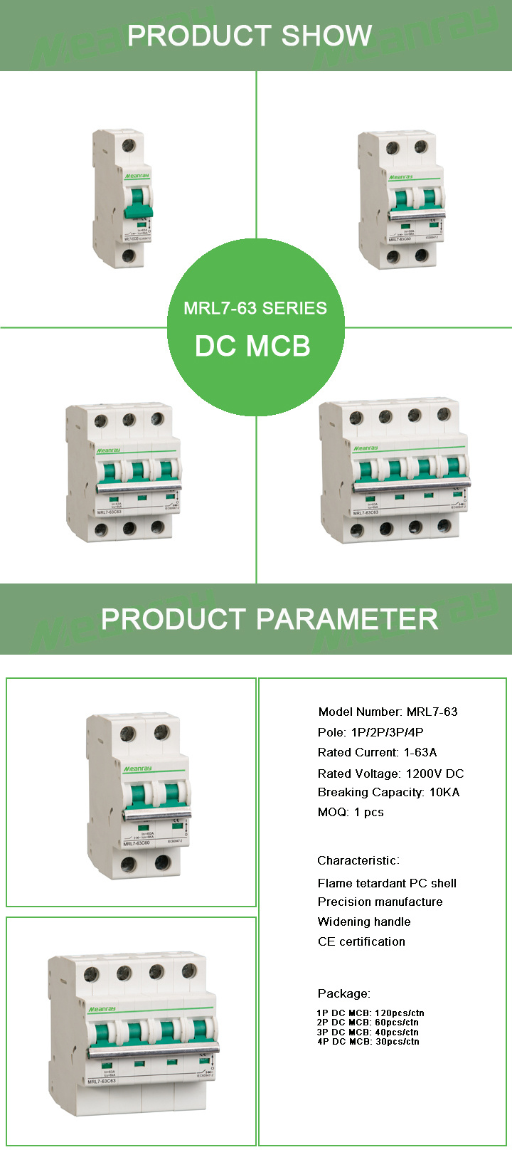 750V DC MCB Solar E Nergy Photovoltaic MCB PV Mini DC Circuit Breaker Mrl7-63