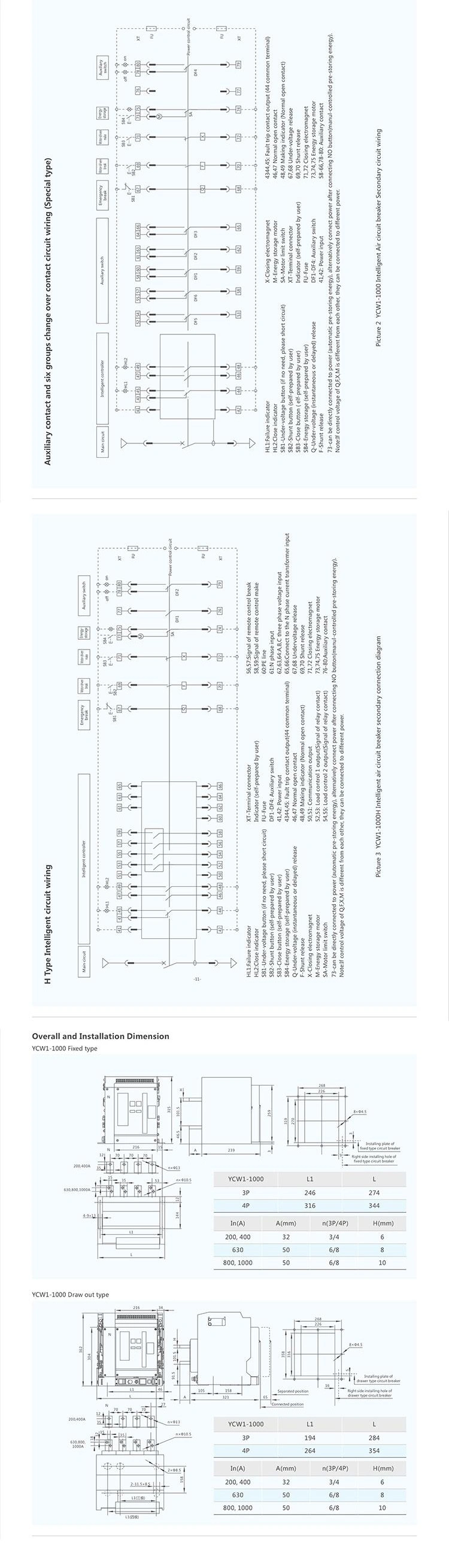 Ycw1-1000 3p 800A 220V Drawer Type Acb Air Circuit Breaker