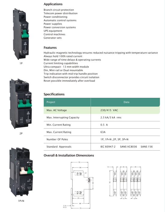 Sx 1p, 2p, 3p Black Hydraulic Magnetic Circuit Breaker