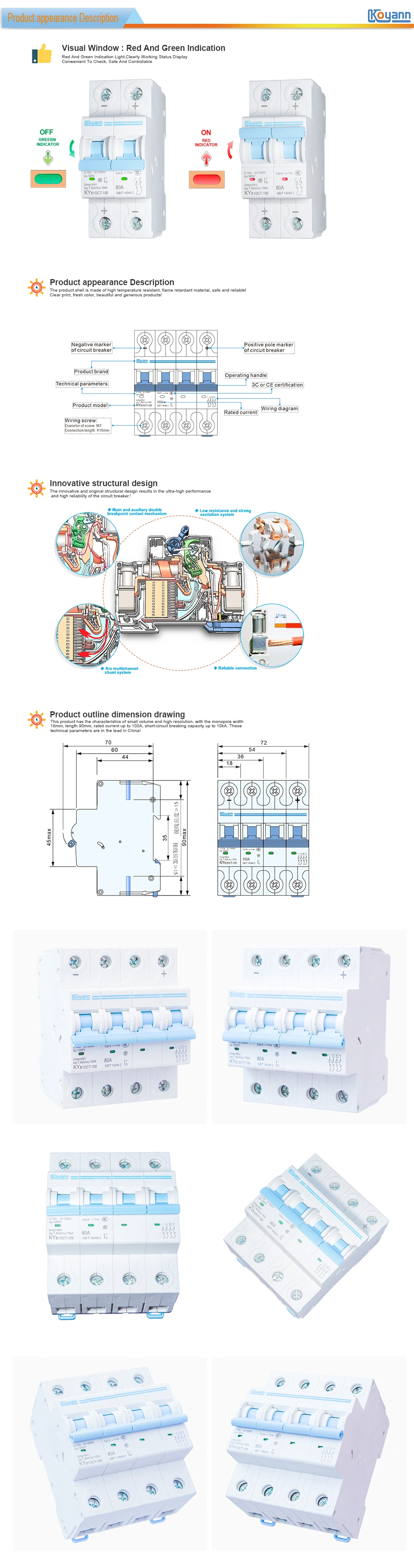 4p 10ka 63A, 80A, 100A DC MCB Mini Circuit Breaker with Ce CB