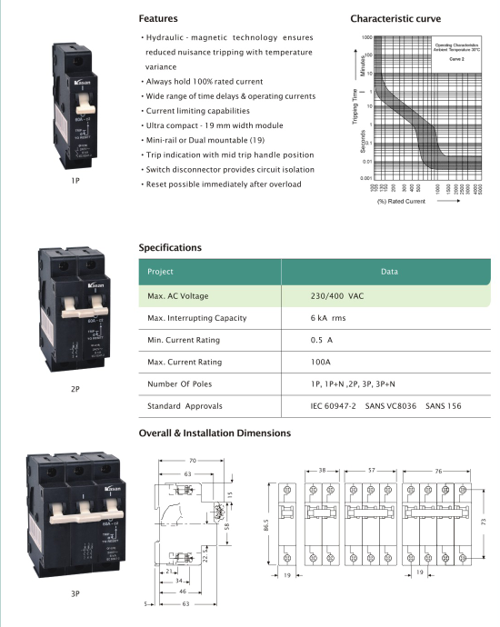 Sx 1p, 2p, 3p Black Hydraulic Magnetic Circuit Breaker