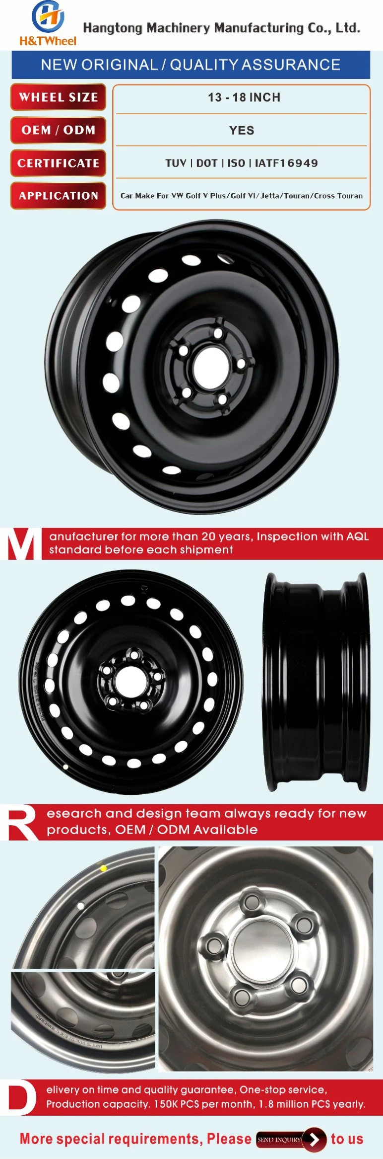 H&T Wheel 675602 16X6.5 5X112 Popular Design 16 Inch Black Steel Wheel Rims