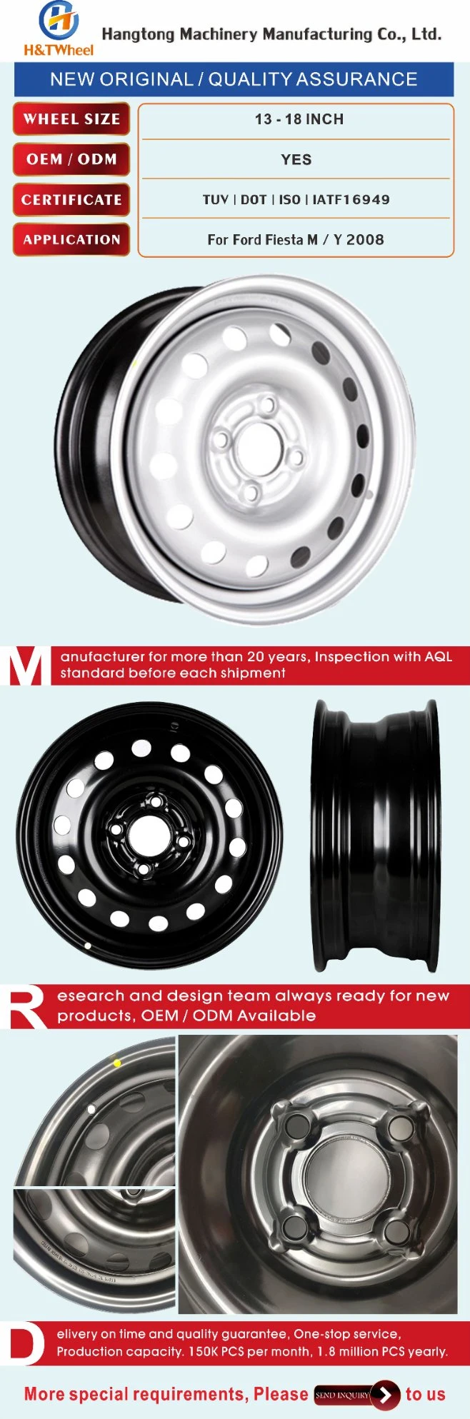 H&T Wheel 564408 15X6 4X108 15 Inch Black E-Coating Steel Wheel Rim