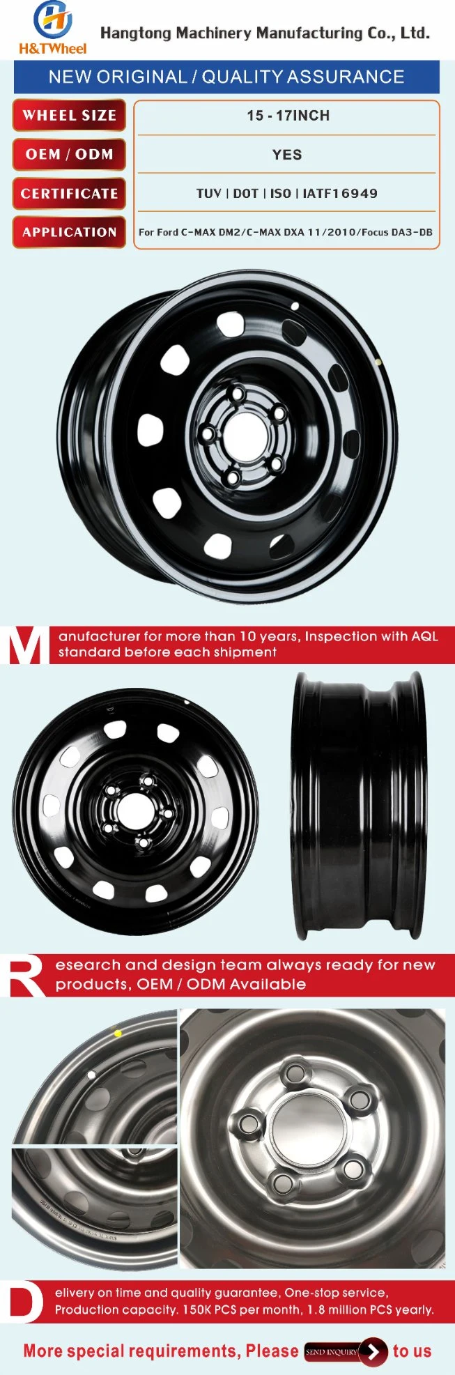 H&T Wheel 725401 17 Inch 17X4.0 PCD 5X108 Black Steel Spare Wheel Rim