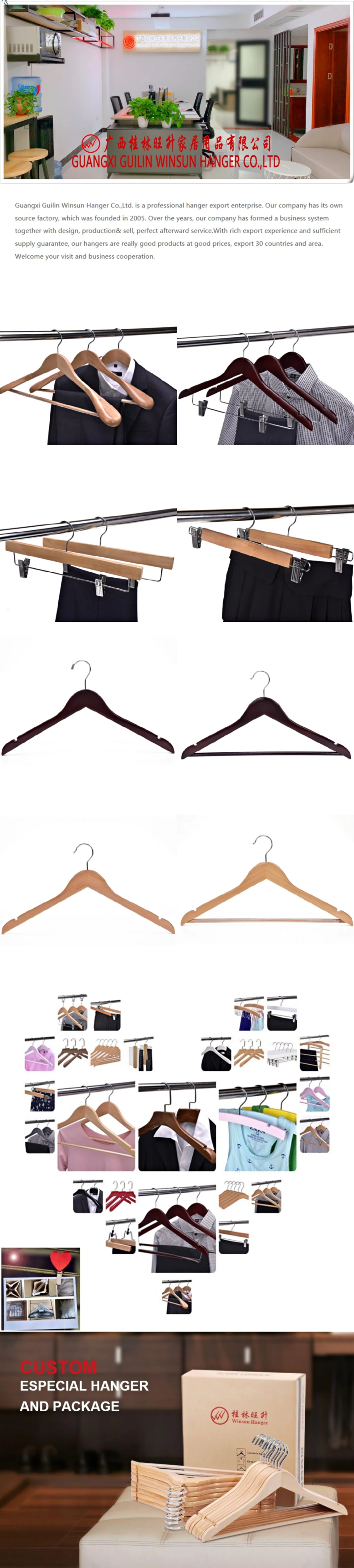 Winsun Hanger Home Rack Metal Clip Hanger Clothes Wooden Pants Hanger with Clips