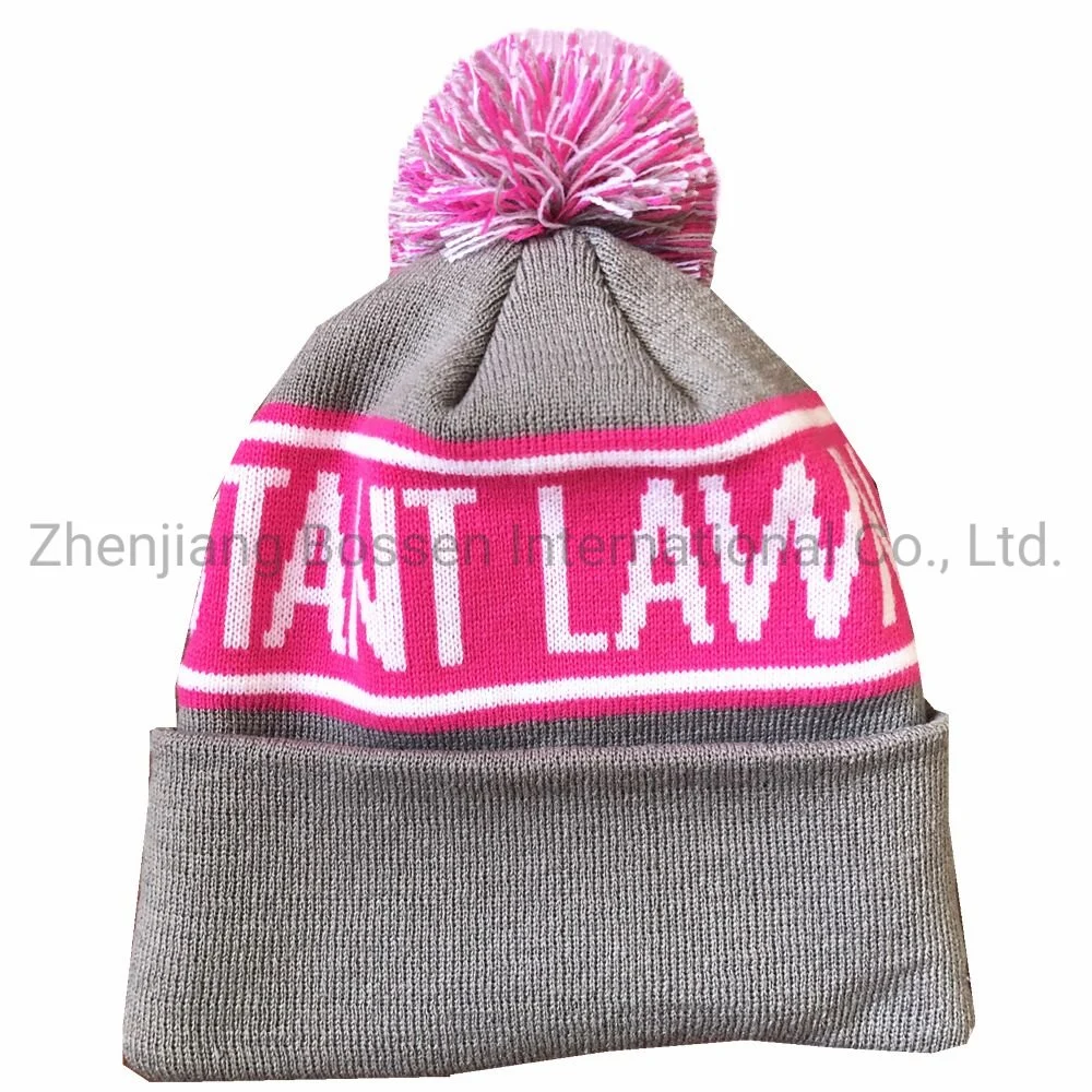 China Supplier OEM Customized Logo Pink Acrylic Knitted Winter Beanie Hat with Pompom