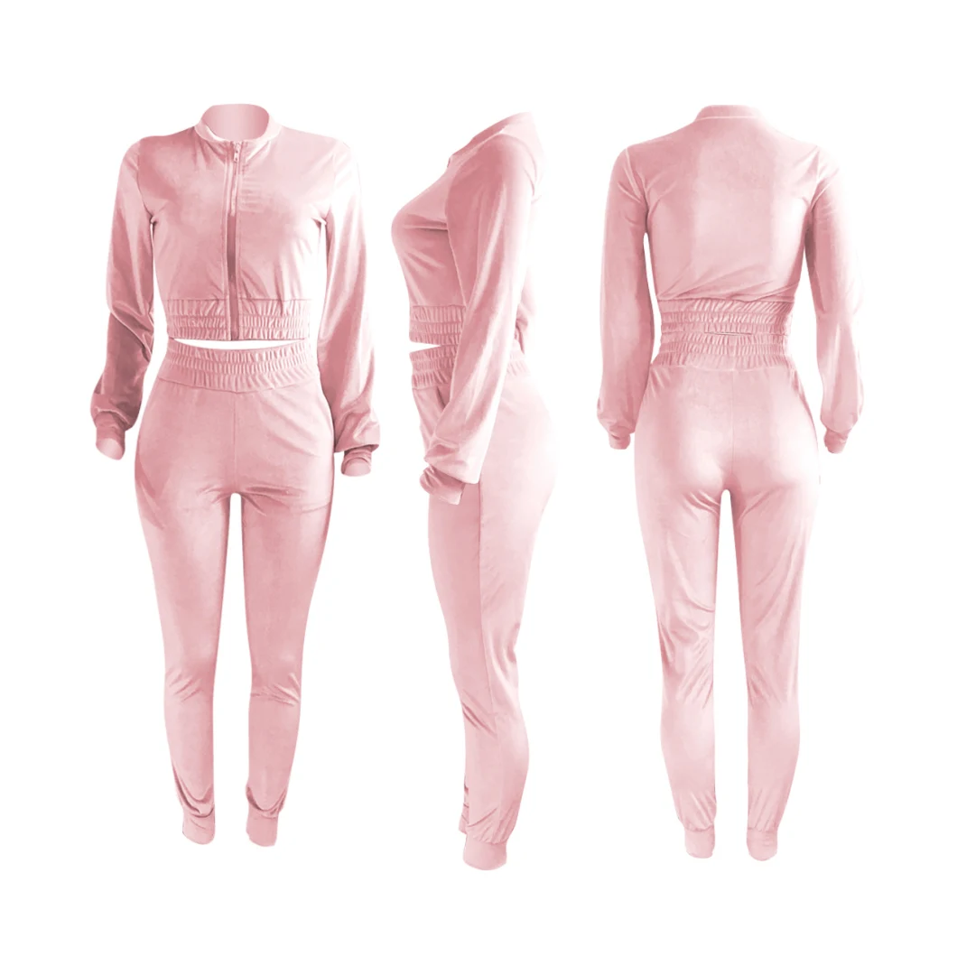 Factory Wholesale Fall Autumn Velvet Women Pink Two Piece Set Pink Casual Sweat Suit