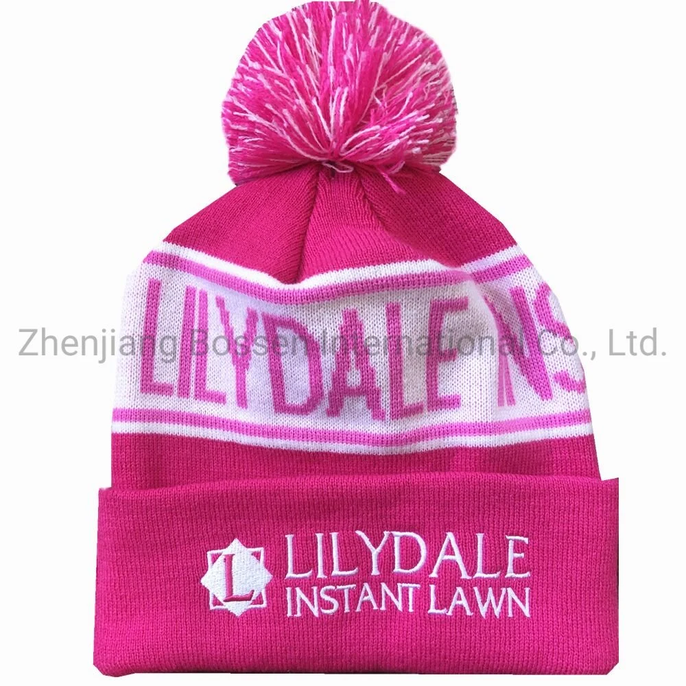 China Supplier OEM Customized Logo Pink Acrylic Knitted Winter Beanie Hat with Pompom