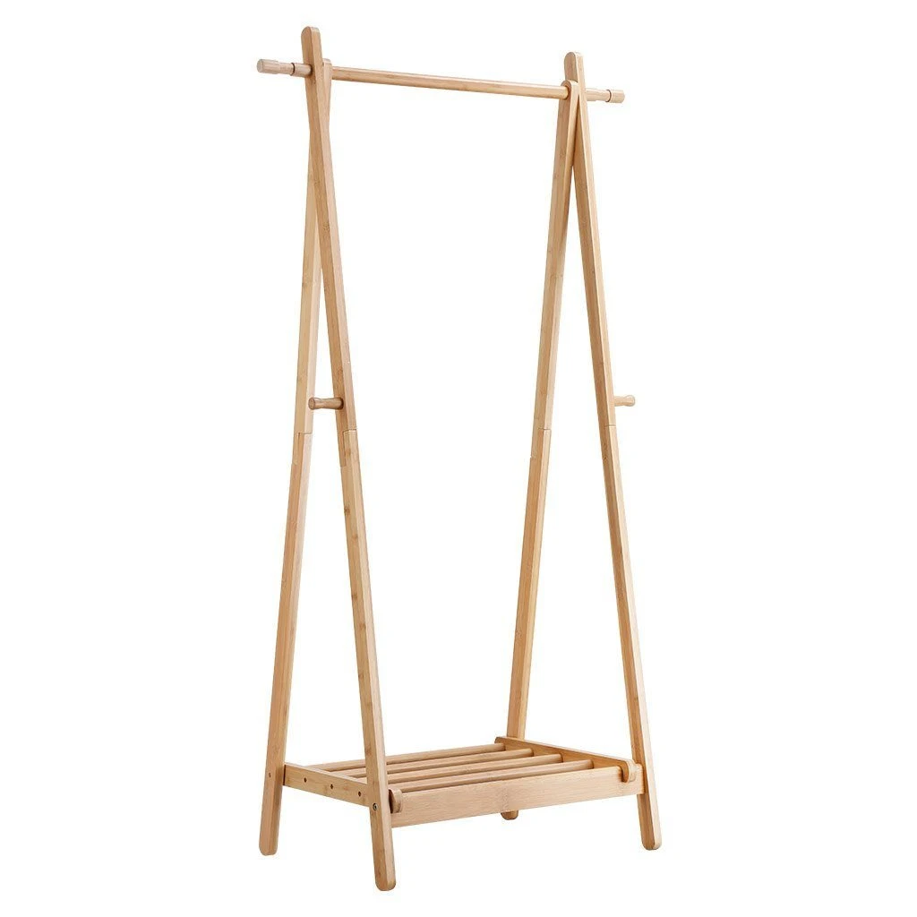 Bedroom Bamboo Frame Garment Rack Cloth Hanger Shelf Wooden Clothing Hanging Clothes Rack with Laundry Basket