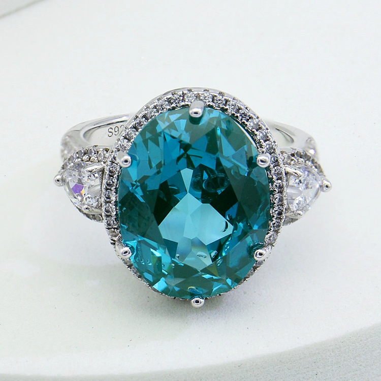 S925 Sterling Silver Ring Sapphire Blue Crystal Ring