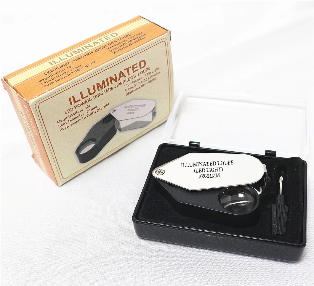 Foldable Jewelry Magnifier with LED Lamp Mg21002 10X21mm All Metal Magnifier