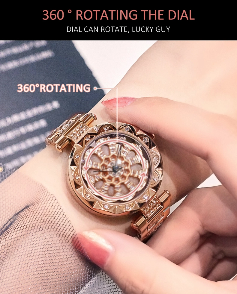 Lady Watches Diamond Crystal Watch Charming Female Watch 360-Degree Rotating Wristwatch Made in Guangzhou