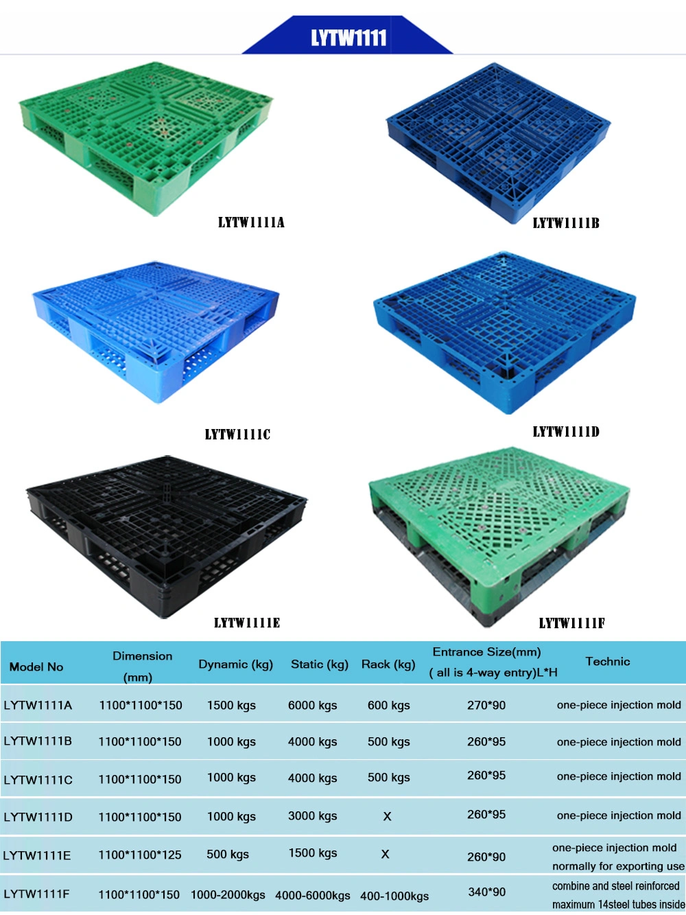 Liyang Hygienic Pure HDPE Warehouse Export Used 1111 Plastic Pallet Recycled Durable Pallet Tray Cheap Price