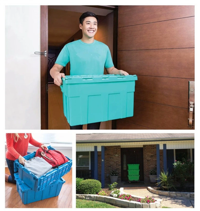 Warehouse Stackable Plastic Crate/ Storage Nest Container/ Attached Lid Tote Box