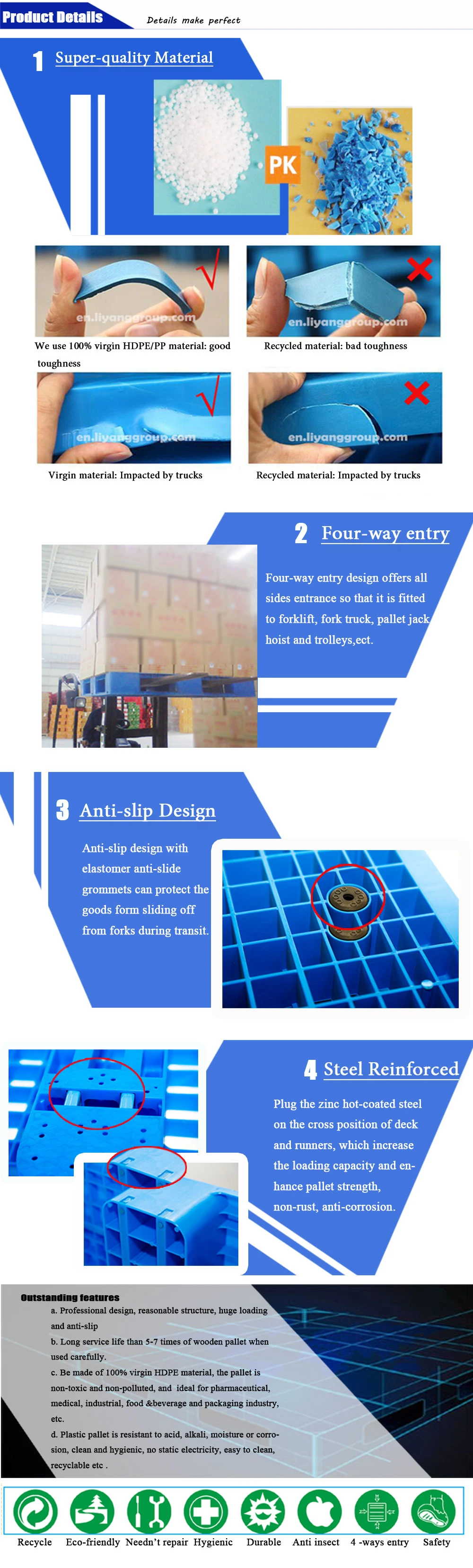 1111 Hygienic Pure HDPE Warehouse Export Used Plastic Pallet Reinforced Recycled Durable Pallet with Cheap Price