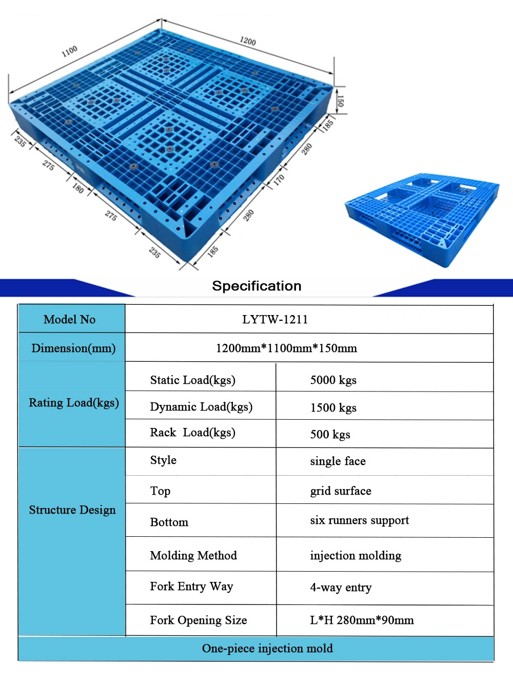 High Quality Rack Use Pallet Industrial Plastic Container Pallet Swith 6runners