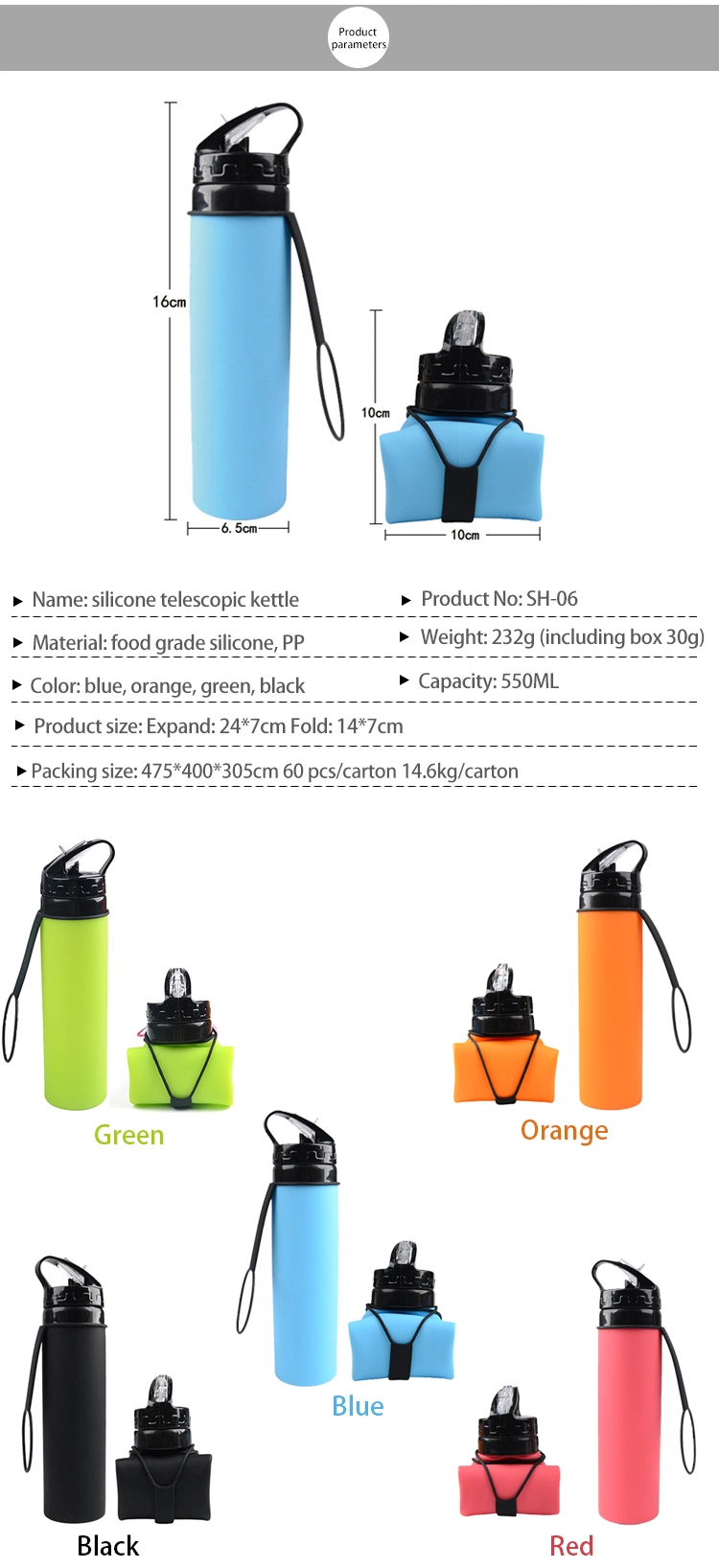 Wholesale Outdoor Collapsible Silicone Squeeze Foldable Sports Recyclable Collapsible Silicone Water Bottle