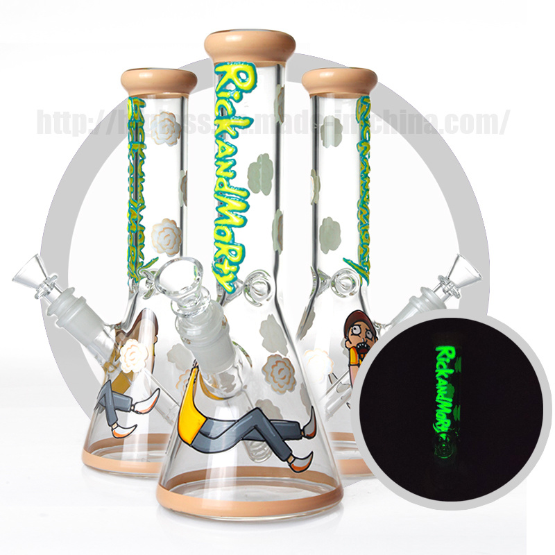 Hand Blown 10 Inch Ricky and Morty Night-Luminous Glass Smoking Water Pipes Heady Hookah Beaker Tobacco Pipes