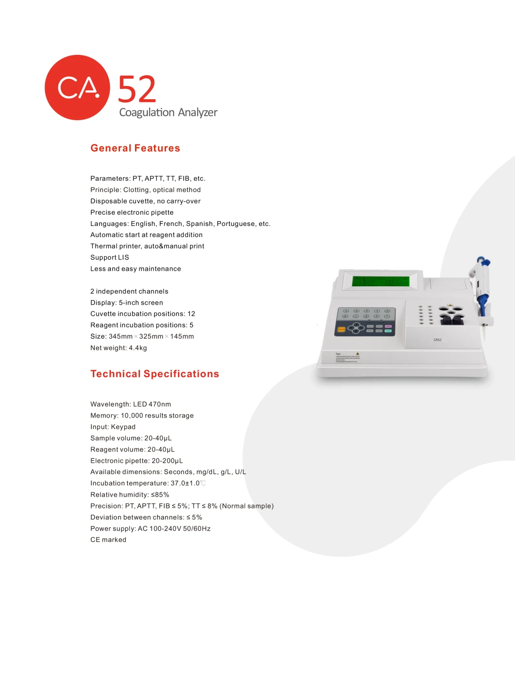 CA52 Medical Hospital Lab Equipment Blood Chemistry Analyzer Machine Open Reagent System Portable Blood Coagulation Analyzer