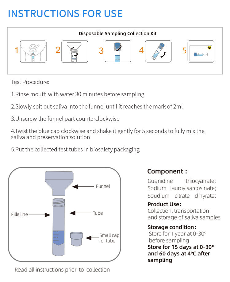 Fast Shipping Medical DNA Collection Saliva Testing Simple Tubes