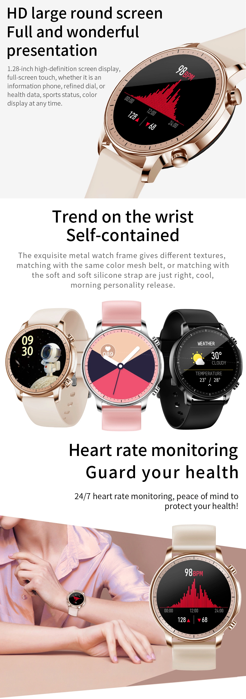Gold Ladies Waterproof Heart Rate Blood Pressure Blood Oxygen Smart Watch Bracelet