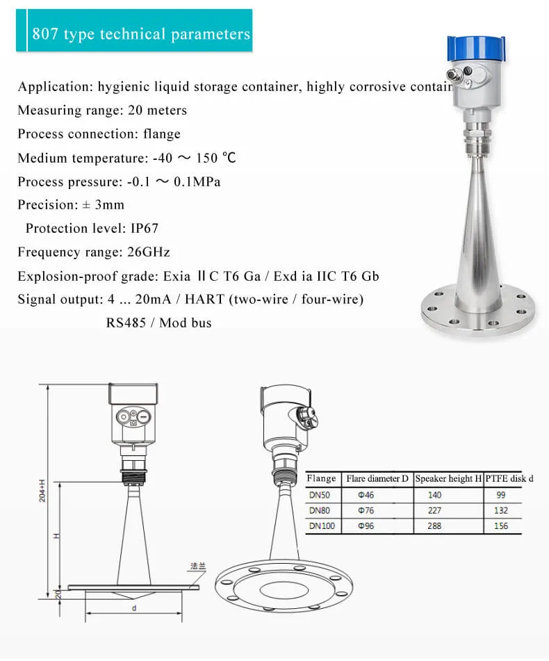 Non-Contact Solid Corn Tank Level Sensor Powder Radar Level Gauge