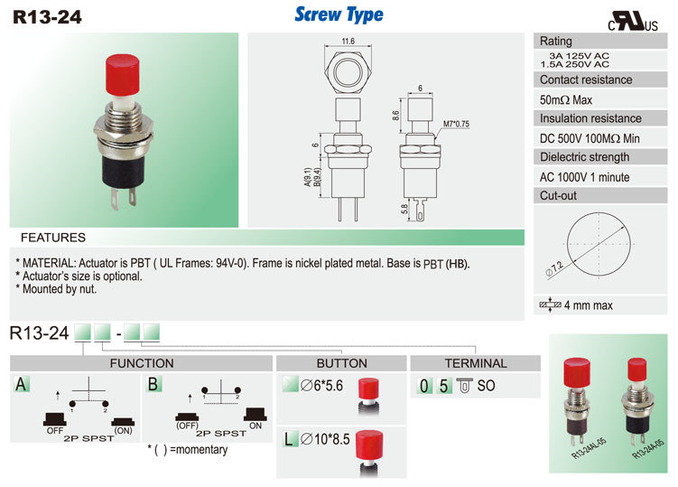 Durable Red Actuator Silver Contact Automotive Push Button Switch for Cars