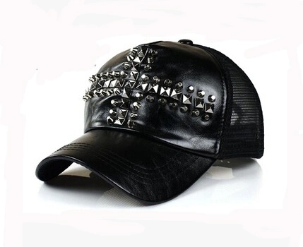 2017 Popular Fashion Design Metal Rivet Leathe Front Mesh Back Cap Trucker Hat