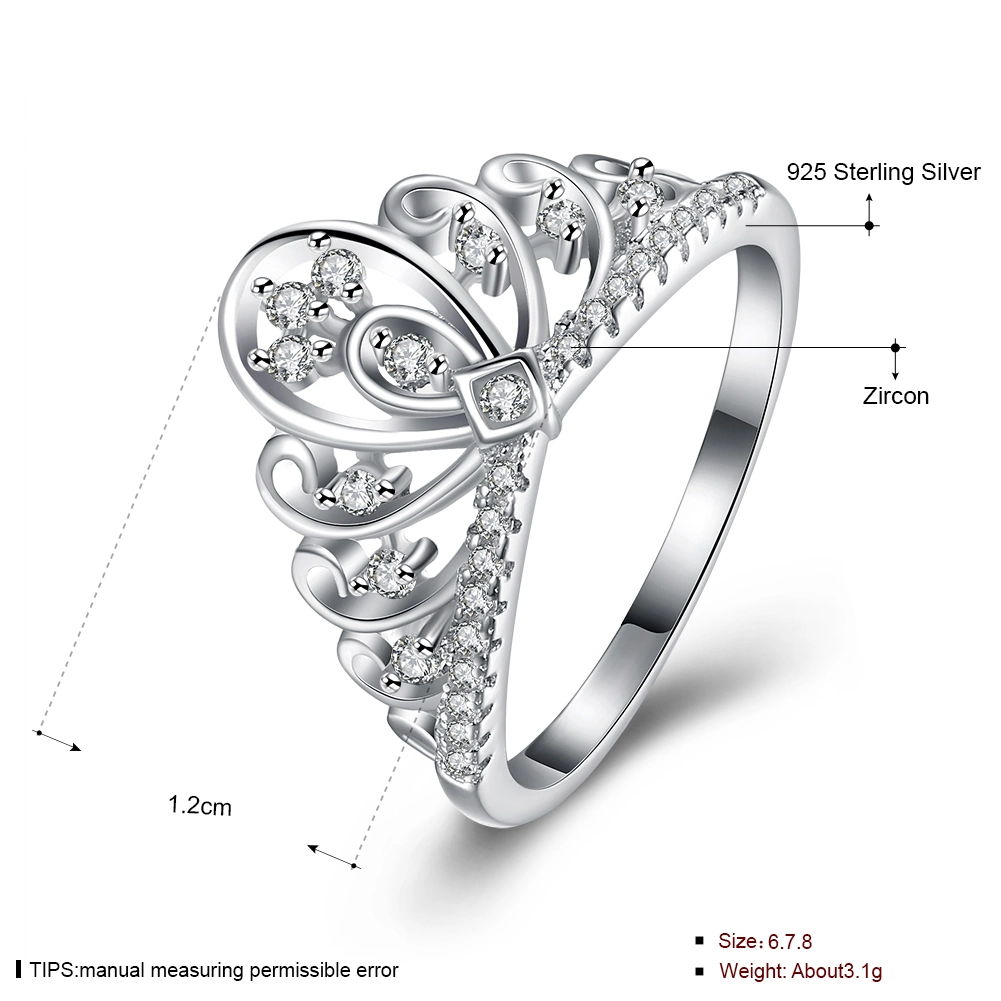 925 Sterling Silver Crown Zircon Round Silver Ring Fashion Jewelry