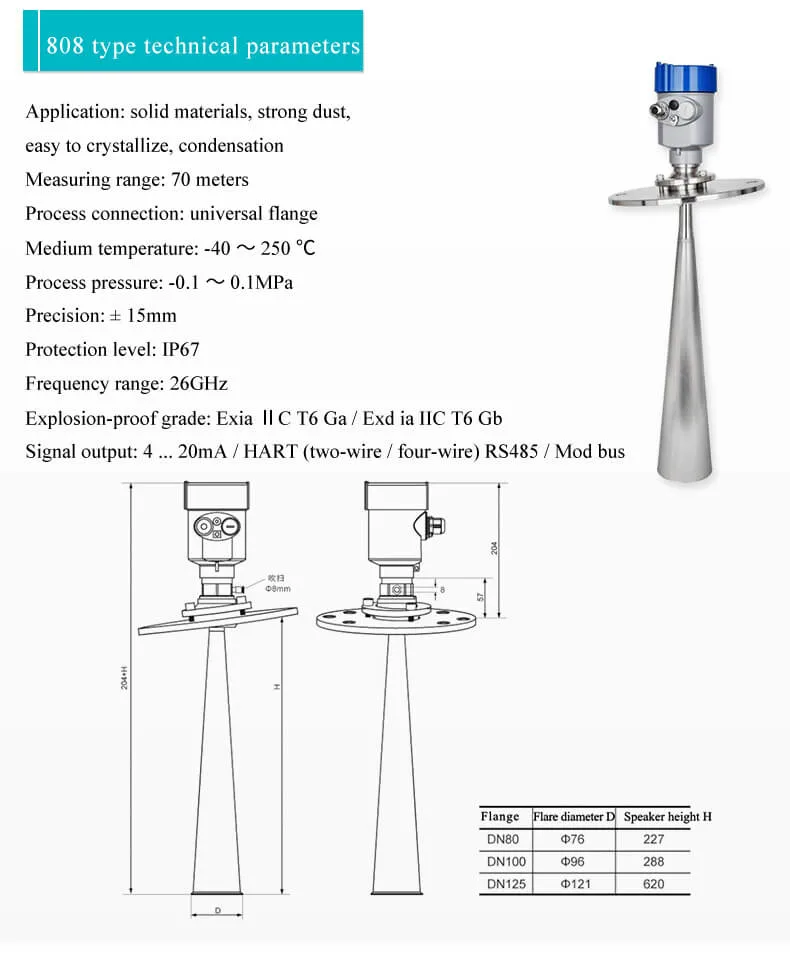 Non-Contact Solid Corn Tank Level Sensor Powder Radar Level Gauge