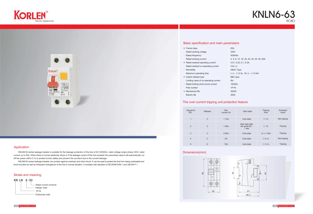 RCBO Circuit Breaker with CE CB TUV Silver Contact Knln6-63