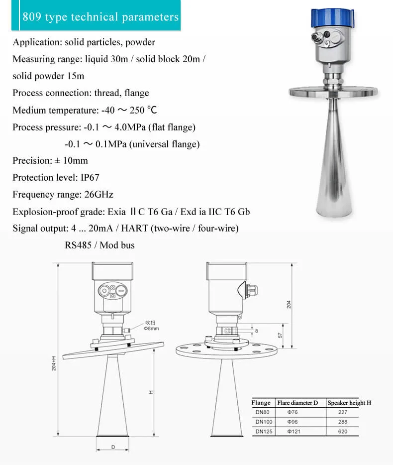 Non-Contact Solid Corn Tank Level Sensor Powder Radar Level Gauge