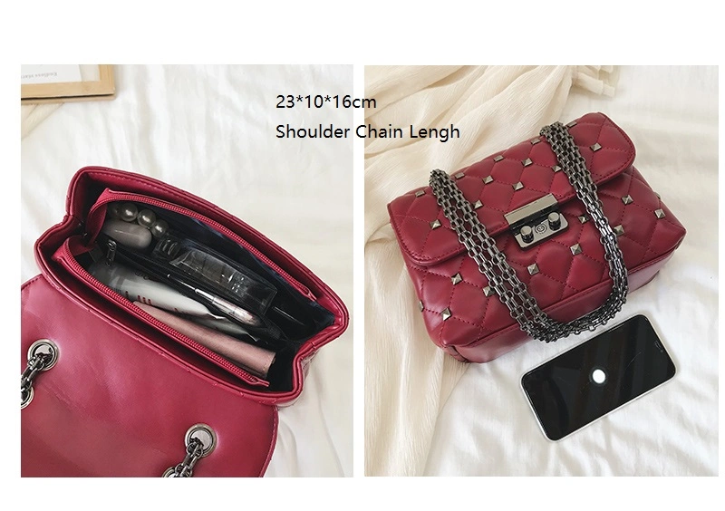 2021 New Fashion Rivet Chain Crossbody Bags Quilted Flat PU Leather Woman Messenger Bags Lady Handbag