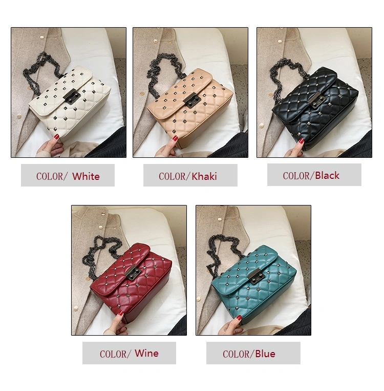 2021 New Fashion Rivet Chain Crossbody Bags Quilted Flat PU Leather Woman Messenger Bags Lady Handbag