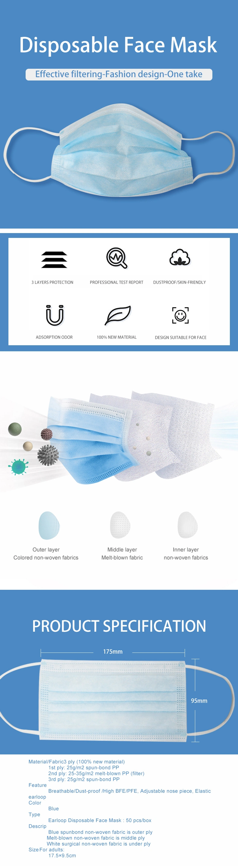 New Design Disposable Non Medical Blue Color Face Mask Test Equipment Earloop Mask Protective 3 Layer Face Mask 3 Ply Non Woven Bfe99 Disposable Face Mask
