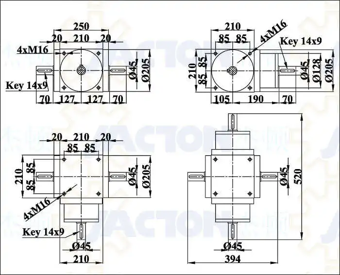 Highly Efficient Jtp210 Right Angle 1: 1 Ratio Bevel Gearbox