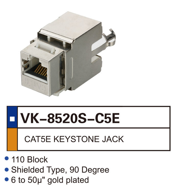 110 Block Shielded Type 90 Degree 6 to 0.05mm Gold Plated Cat5e RJ45 Keystone Jack