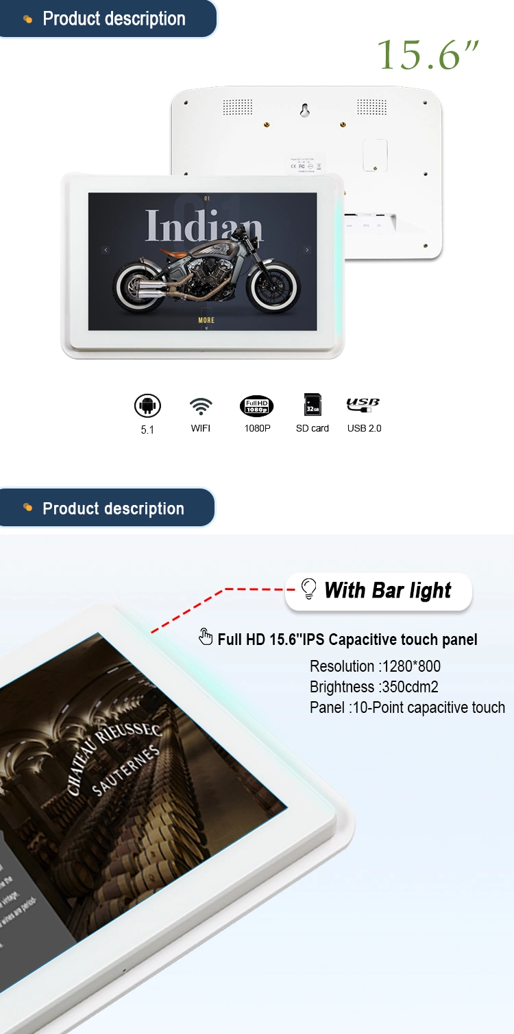 15.6 Inch Wall-Mounted LED Light Bar Android Tablet Touchscreen Monitor with Poe WiFi Bluetooth RJ45