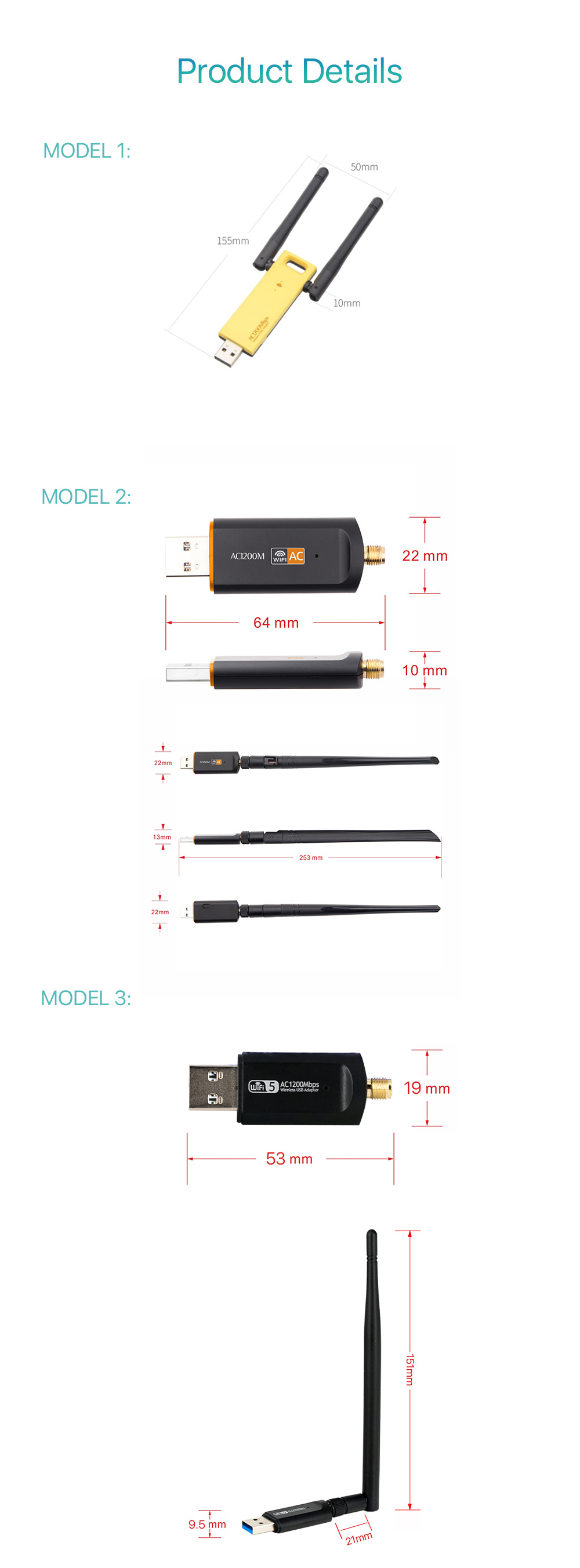 Lyngou LG516 Mini USB Wireless Adapter 1200Mbps WiFi Receiver Wireless with Antenna USB 2.0 Network Card