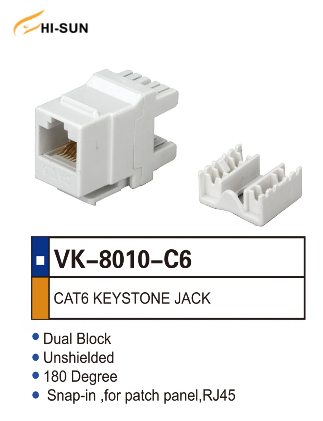 Dual Block Unshielded 180 Degree CAT6 Keystone Jack Snap-in for Patch Panel RJ45