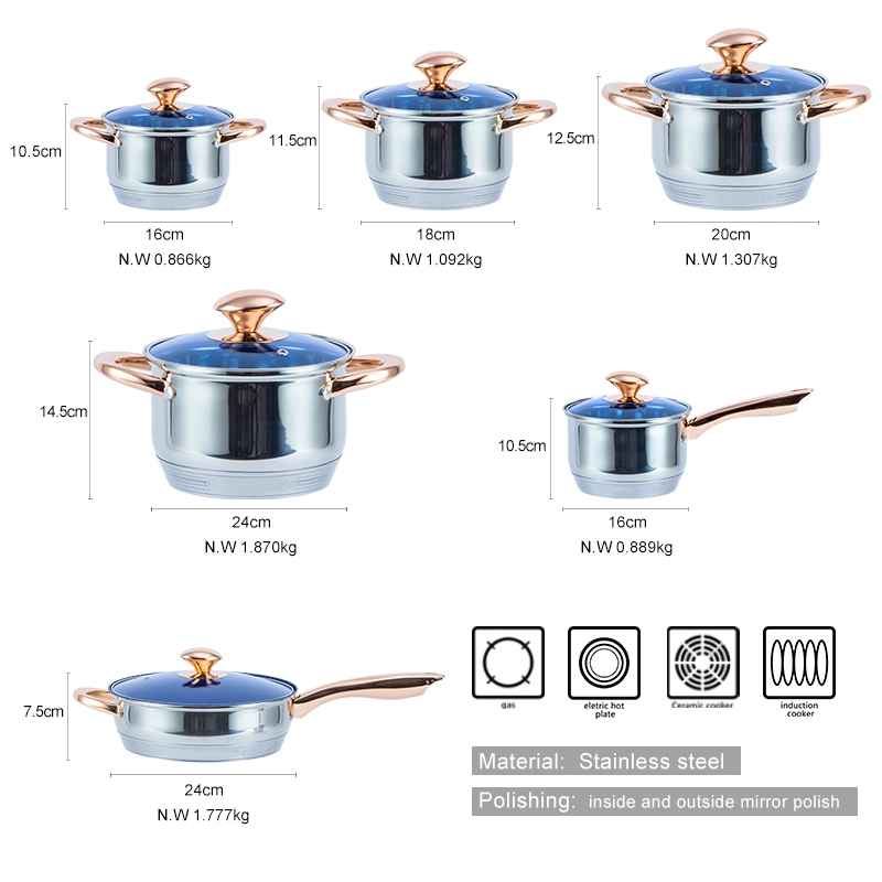 12PCS Belly Shape S/S Hollow Handle Cook Ware with Nonstick Frying Pan