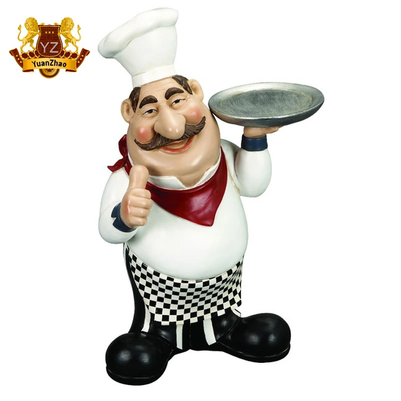 Customized Hand Made Resin Crafts Large Fat French Chef Fiberglass Statue with Skillet Pan