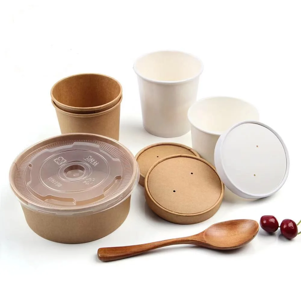 Eco Friendly 1000ml Takeaway Food Container Kraft Paper Salad Bowls with Lid Large Size