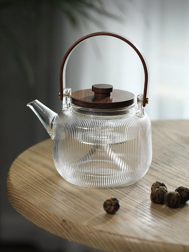 900ml Wooden Handle Glass Tea Cooker Pot with Wooden Lid