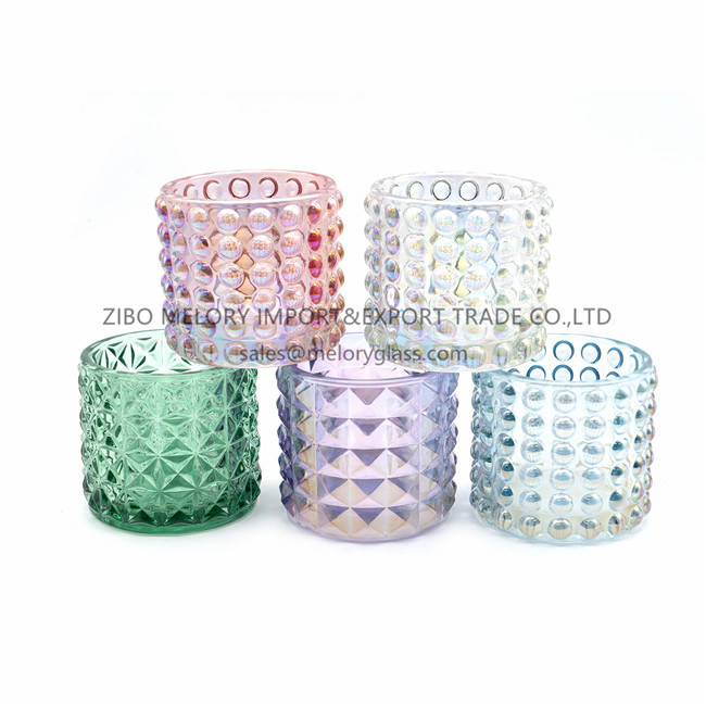Colored Glass Candle Holder or Glass Bottle with Iridescent Finish with Metal Lid or Wooden Lid